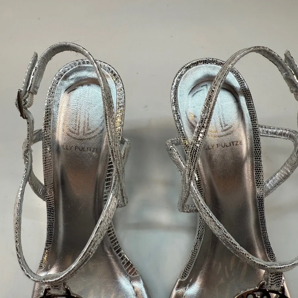 Lilly Pulitzer Silver Metallic Wedge Sandals Logo Medallion Womens Size 6